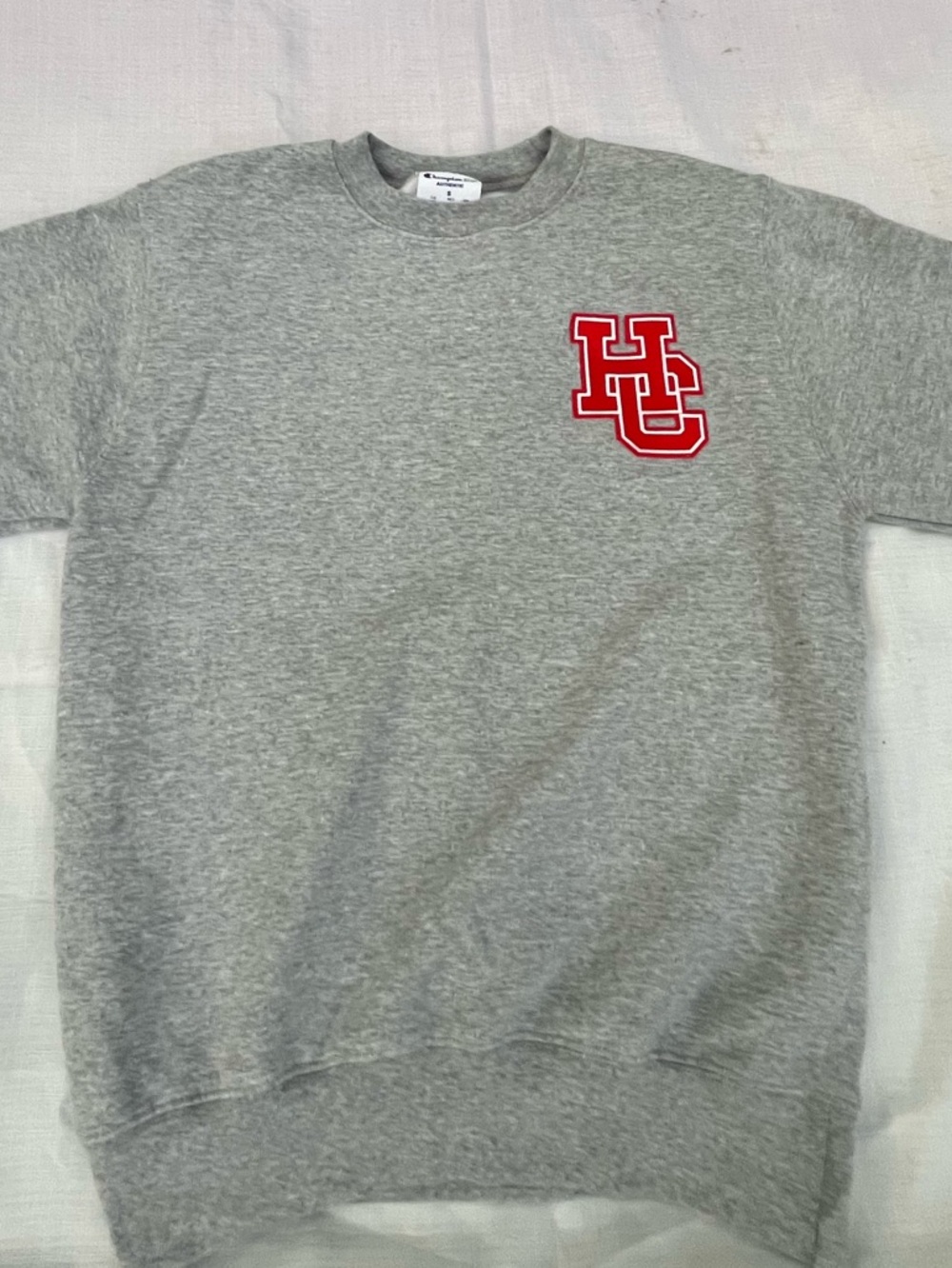 Champion Grey Crewneck Sweatshirt with Red Holy Cross Prep Academy Patch